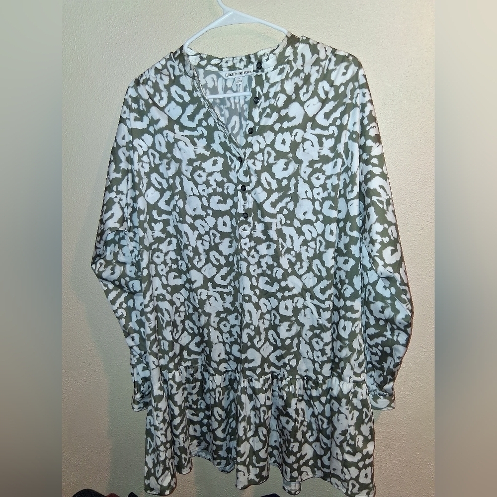 ELIZABETH AND JAMES Drop Waist Tunic Dress Leopard Rint Olive Green Oversized S